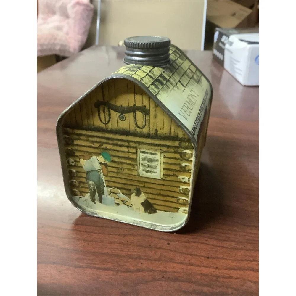Vintage 1984 Vermont Maple Syrup Log Cabin Metal Empty Tin Container